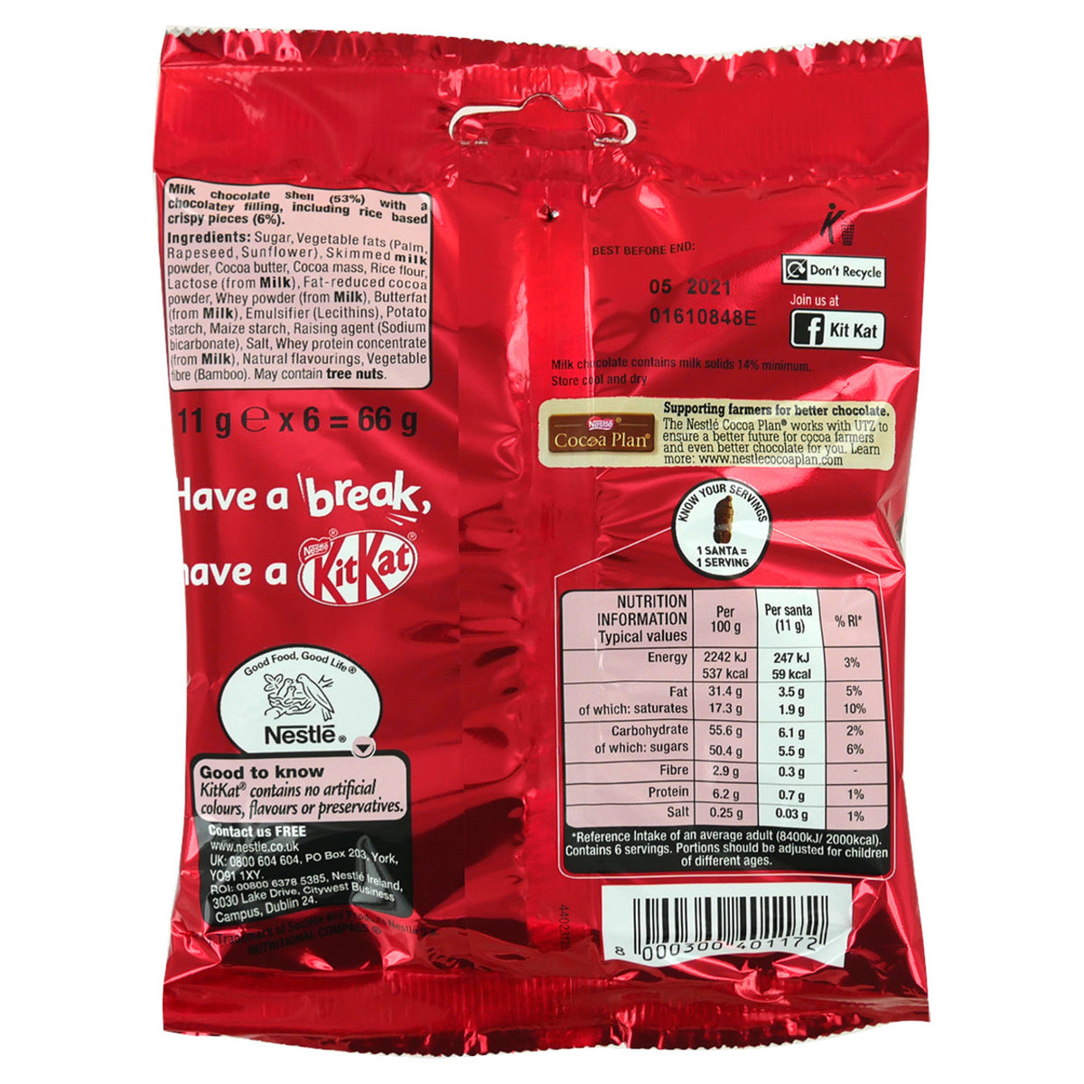 Back side of a red KitKat packaging with visible branding and nutritional information on a white background
