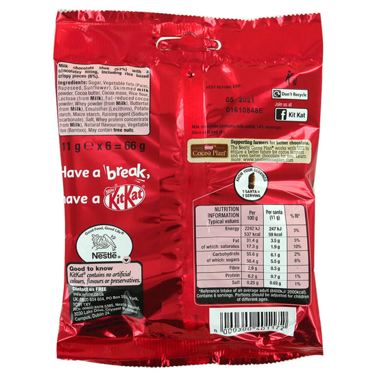 Back side of a red KitKat packaging with visible branding and nutritional information on a white background