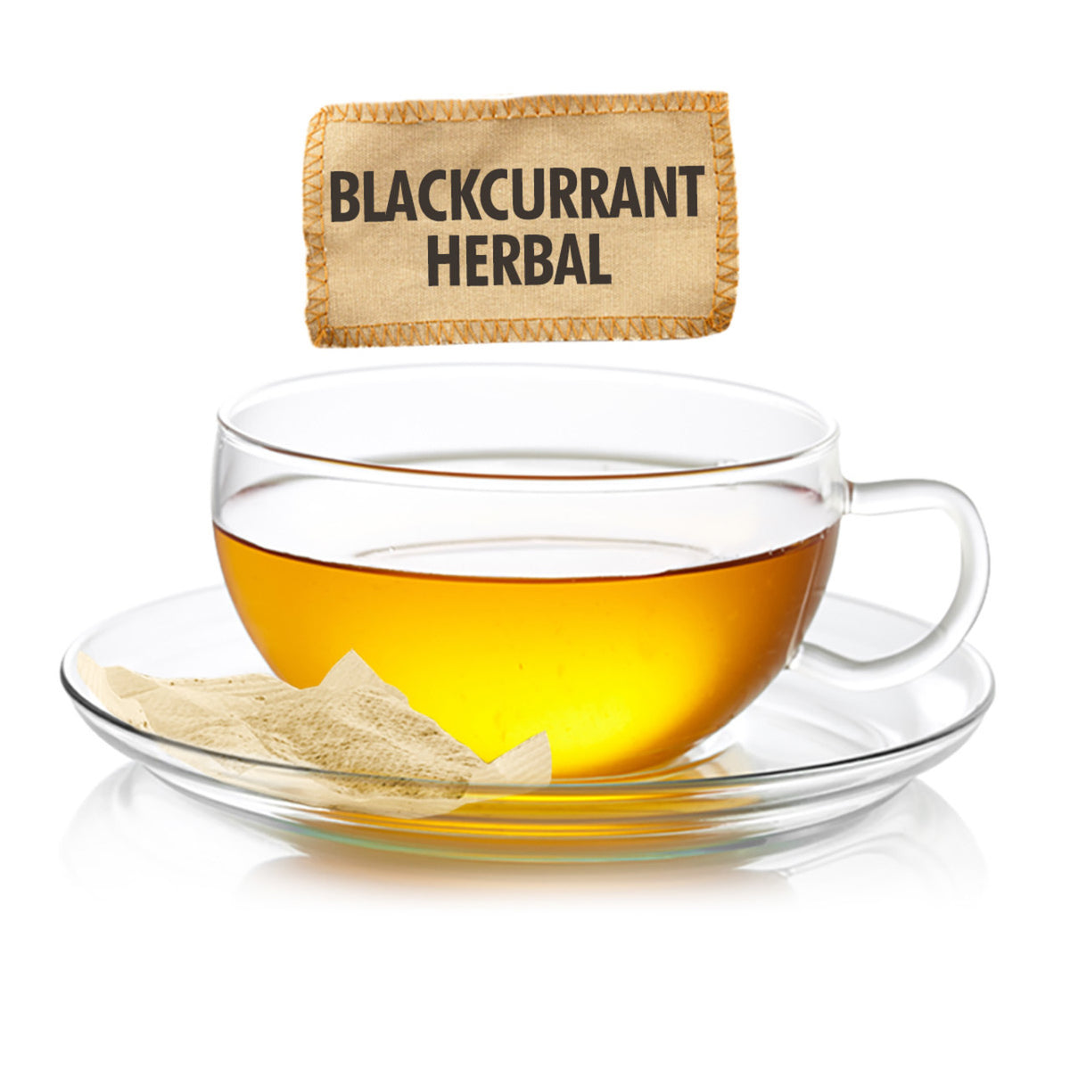 Glass cup of blackcurrant herbal tea with a tea bag labeled 'Blackcurrant Herbal' on a white background.