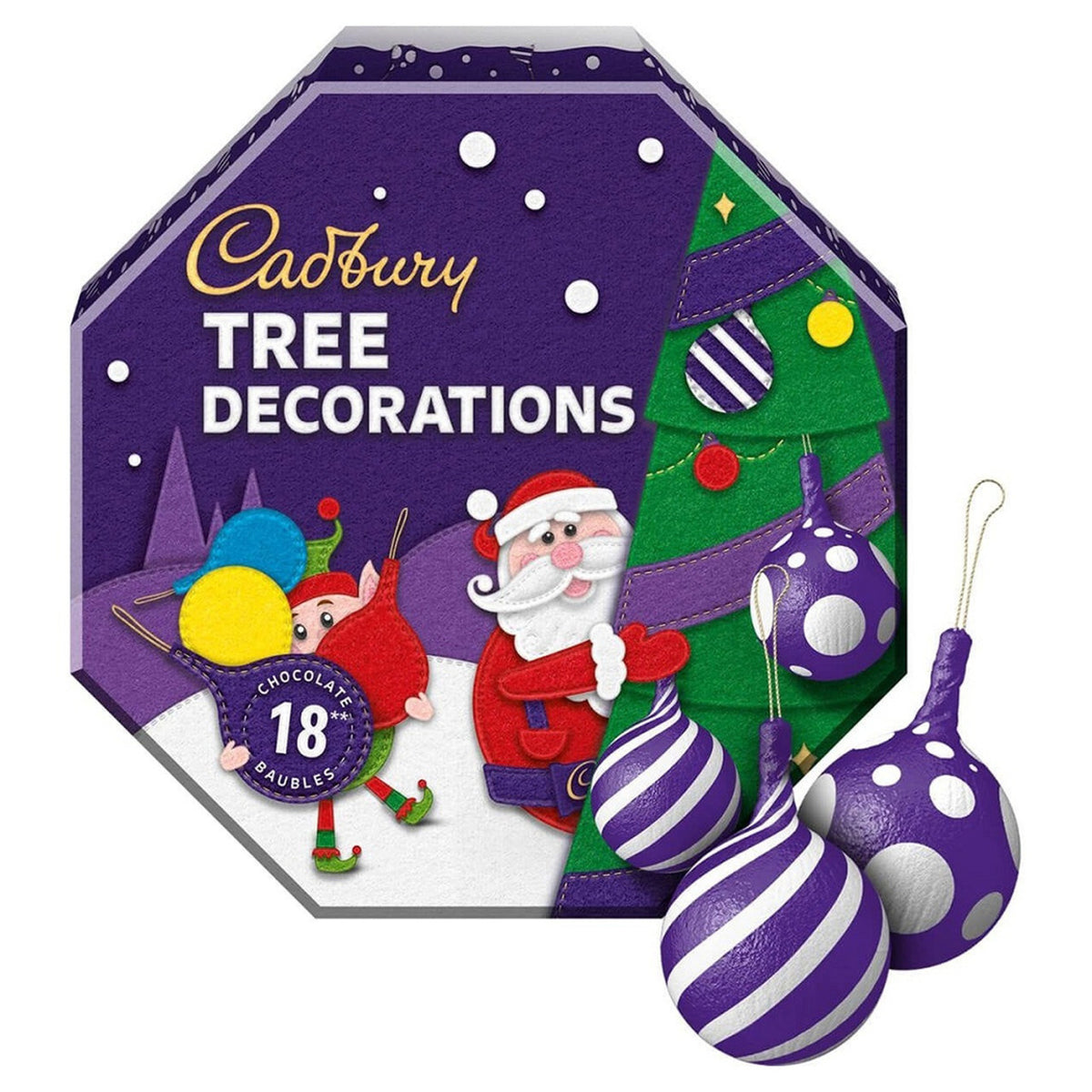 Cadbury tree decorations with a festive design featuring Santa Claus and colorful baubles.