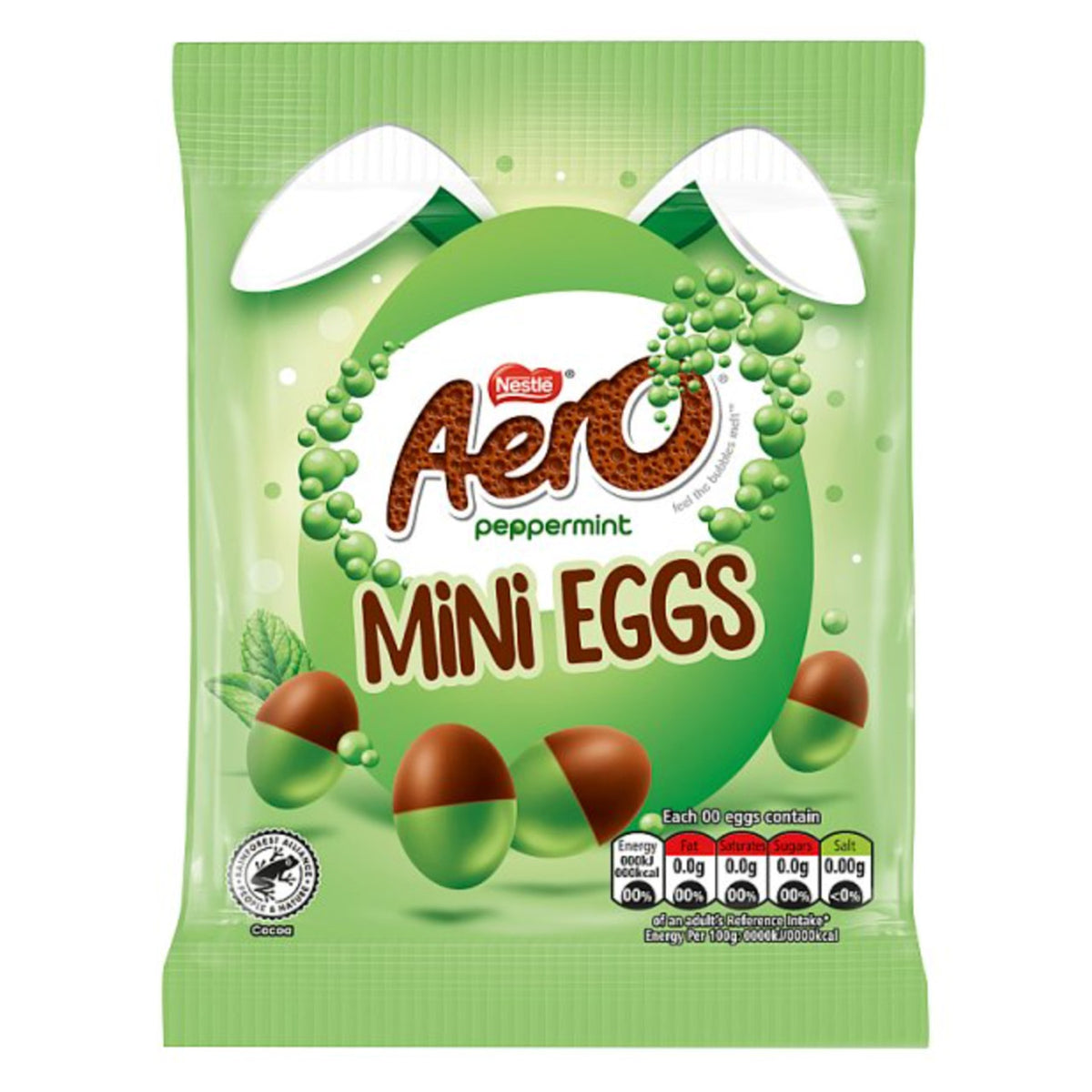 Green packaging of Nestle Aero Peppermint Mini Eggs with bunny ears on a white background