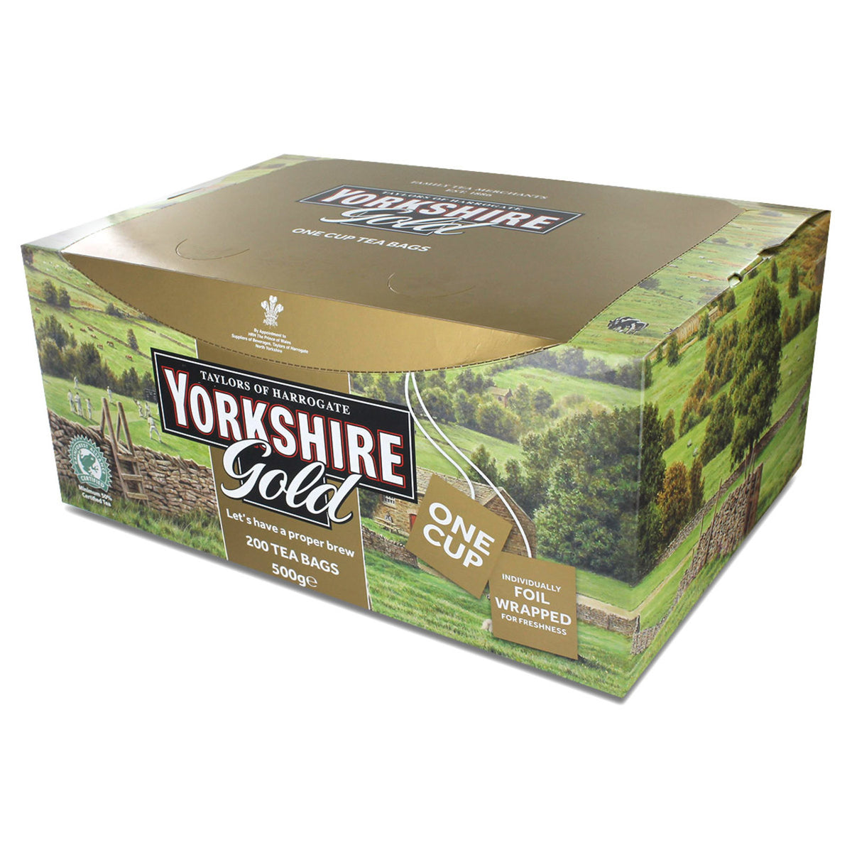 Box of Yorkshire Gold tea with scenic design on a white background