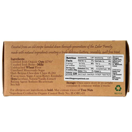 Back of a Kilbeggan Irish Oat Cookies product box with text and nutrition label on a white background