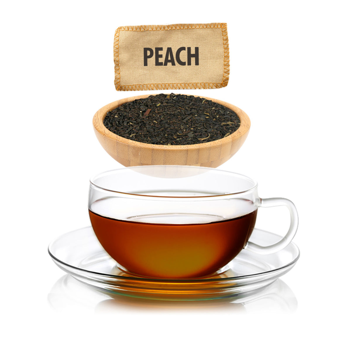 Tea cup with peach-flavored tea, tea leaves, and a label above on a white background