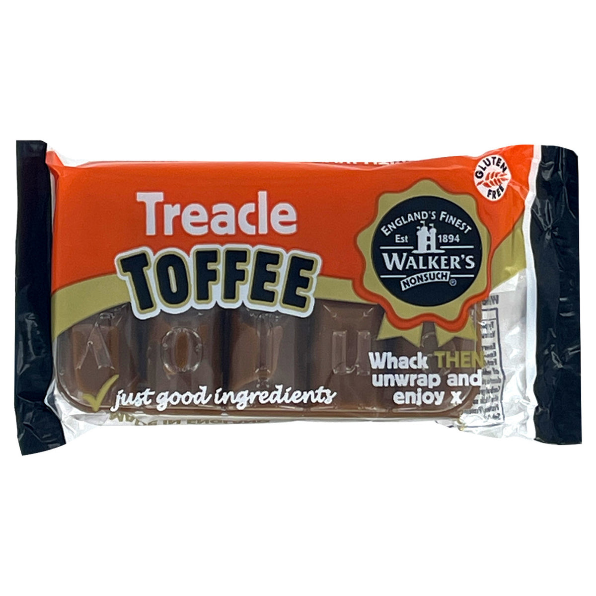Packaged treacle toffee with Walker's logo on an orange background