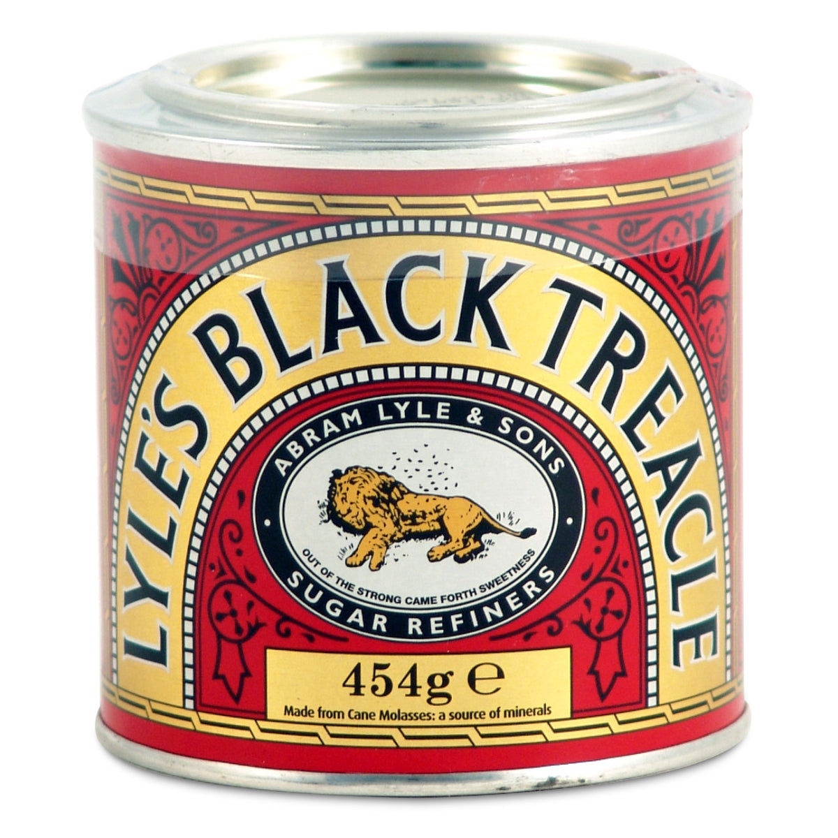 Can of Lyle's Black Treacle with red and yellow label on a white background