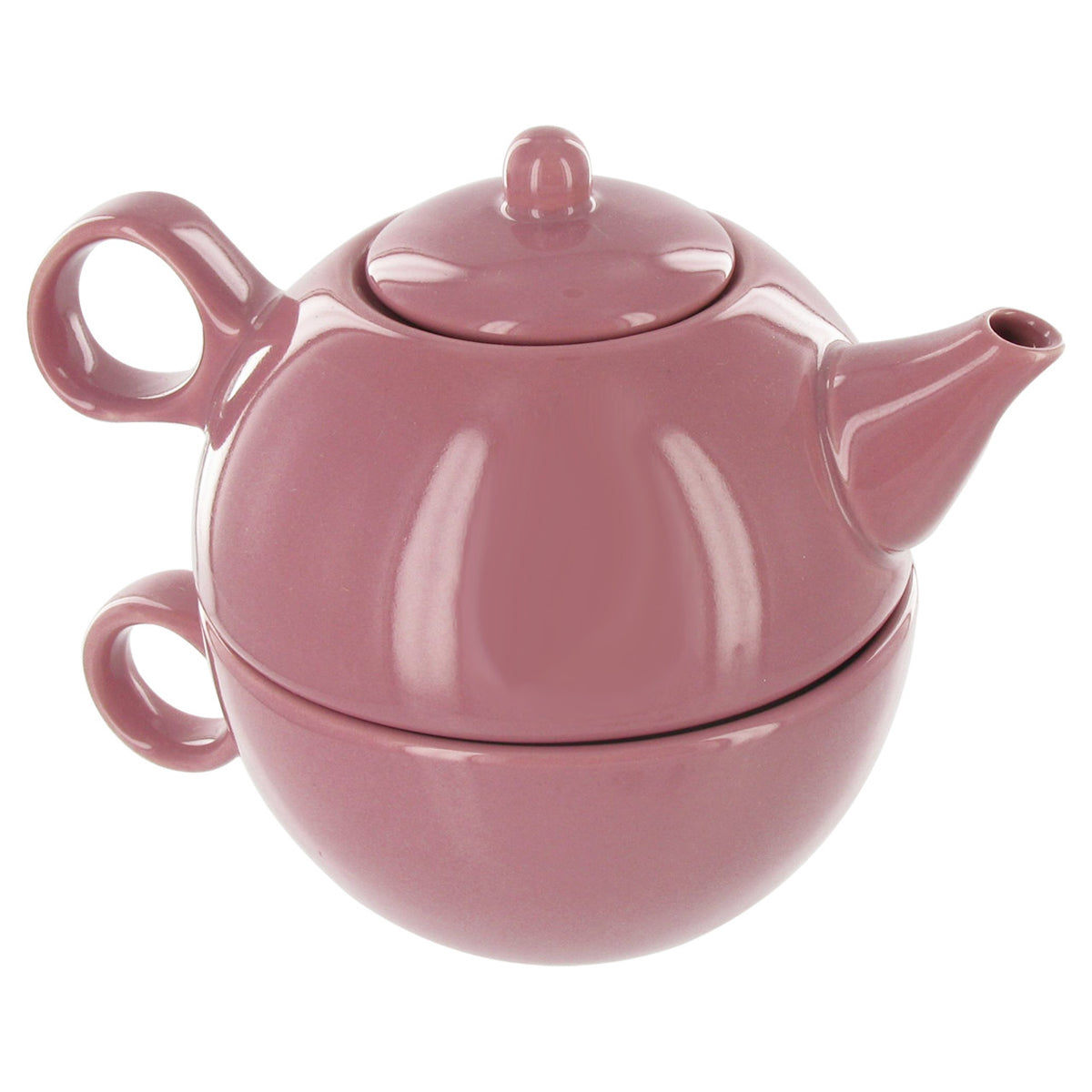 Pink ceramic tea for one tea set with the teapot stacked on the teacup all on a white background.