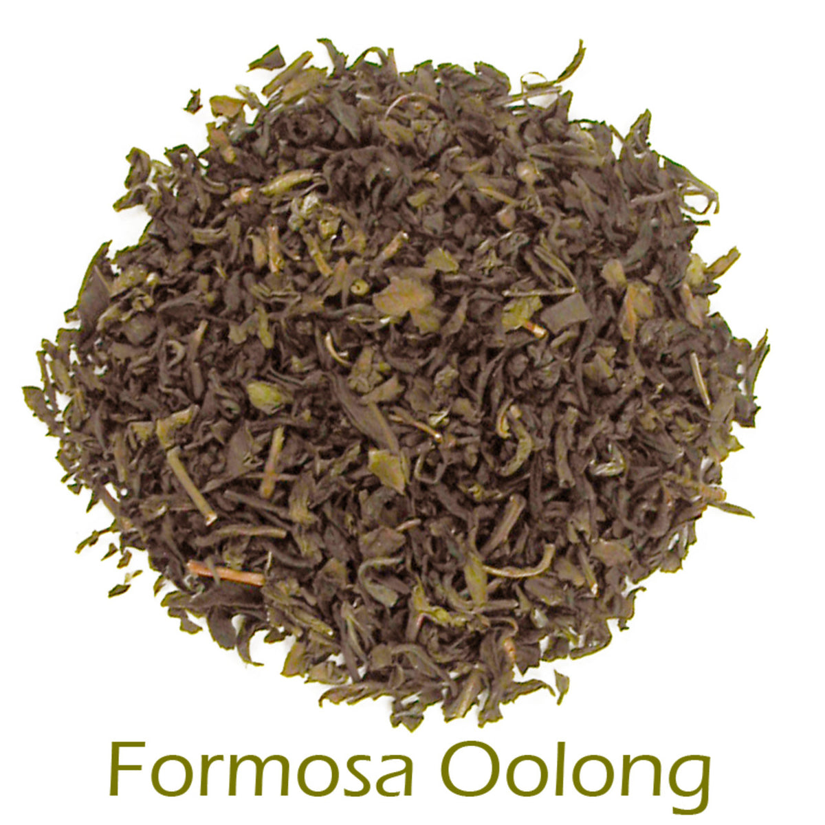 Formosa Oolong loose-leaf tea on a white background with product name caption