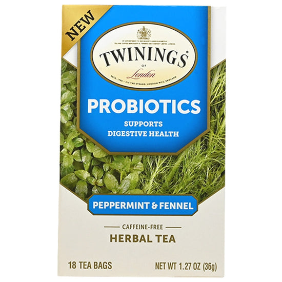 Twining's Probiotics Peppermint & Fennel Herbal Tea packaging on a white background