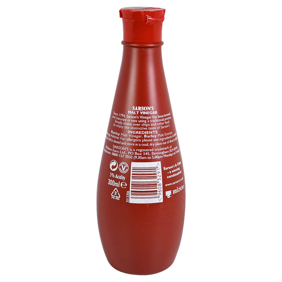 Red bottle of Sarson's Malt Vinegar with label on a white background