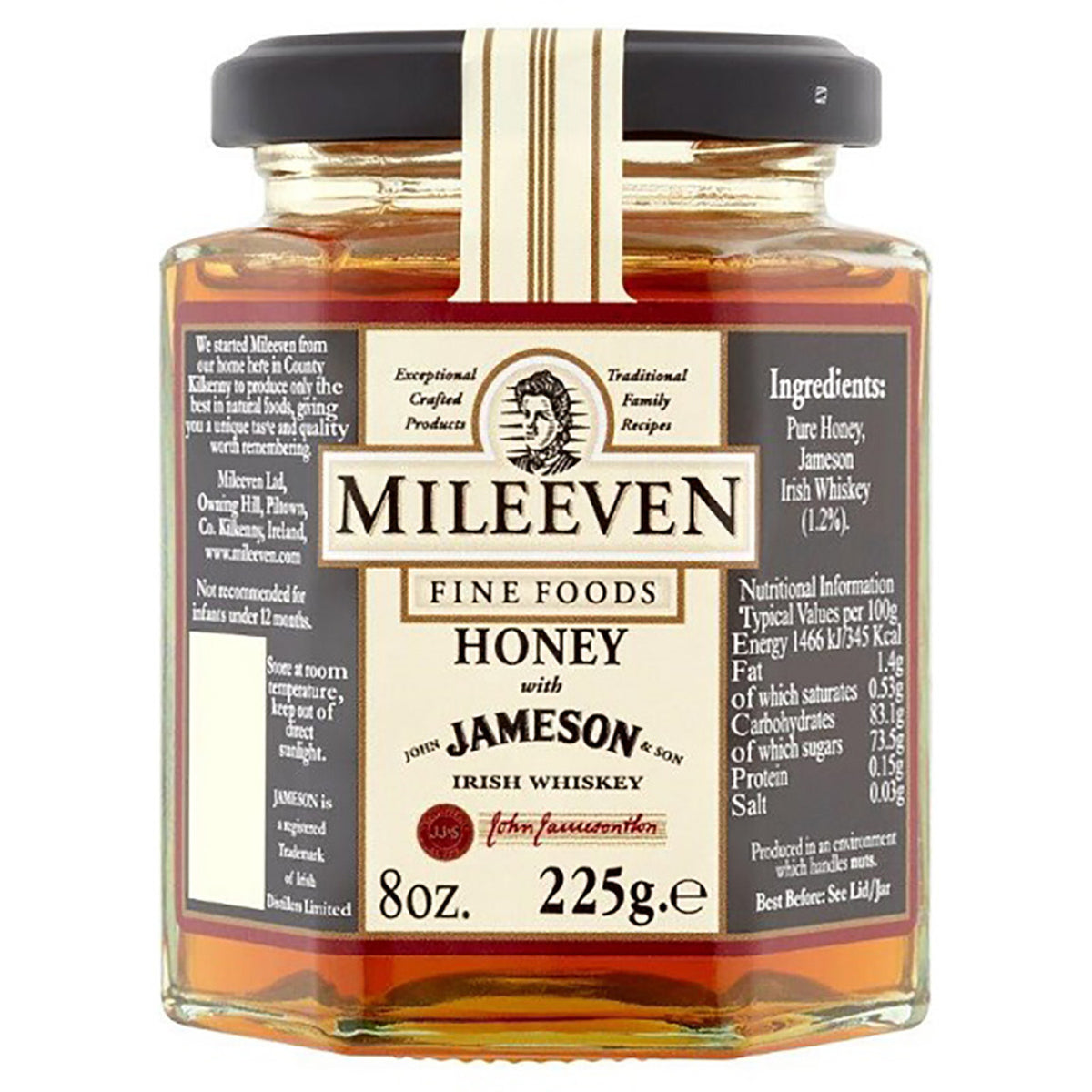 Jar of Mileeven honey with Jameson Irish Whiskey on a white background