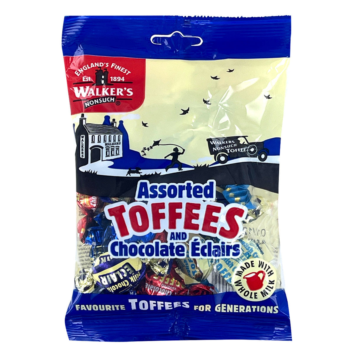 Packaged assorted toffees and chocolate édairs with Walker's branding on a white background