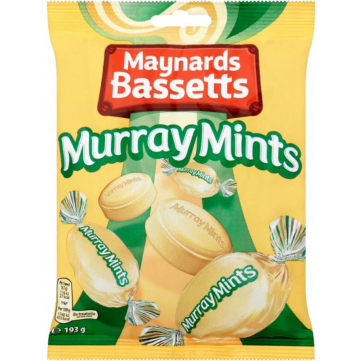 Packaging of Maynards Bassetts Murray Mints on a yellow background
