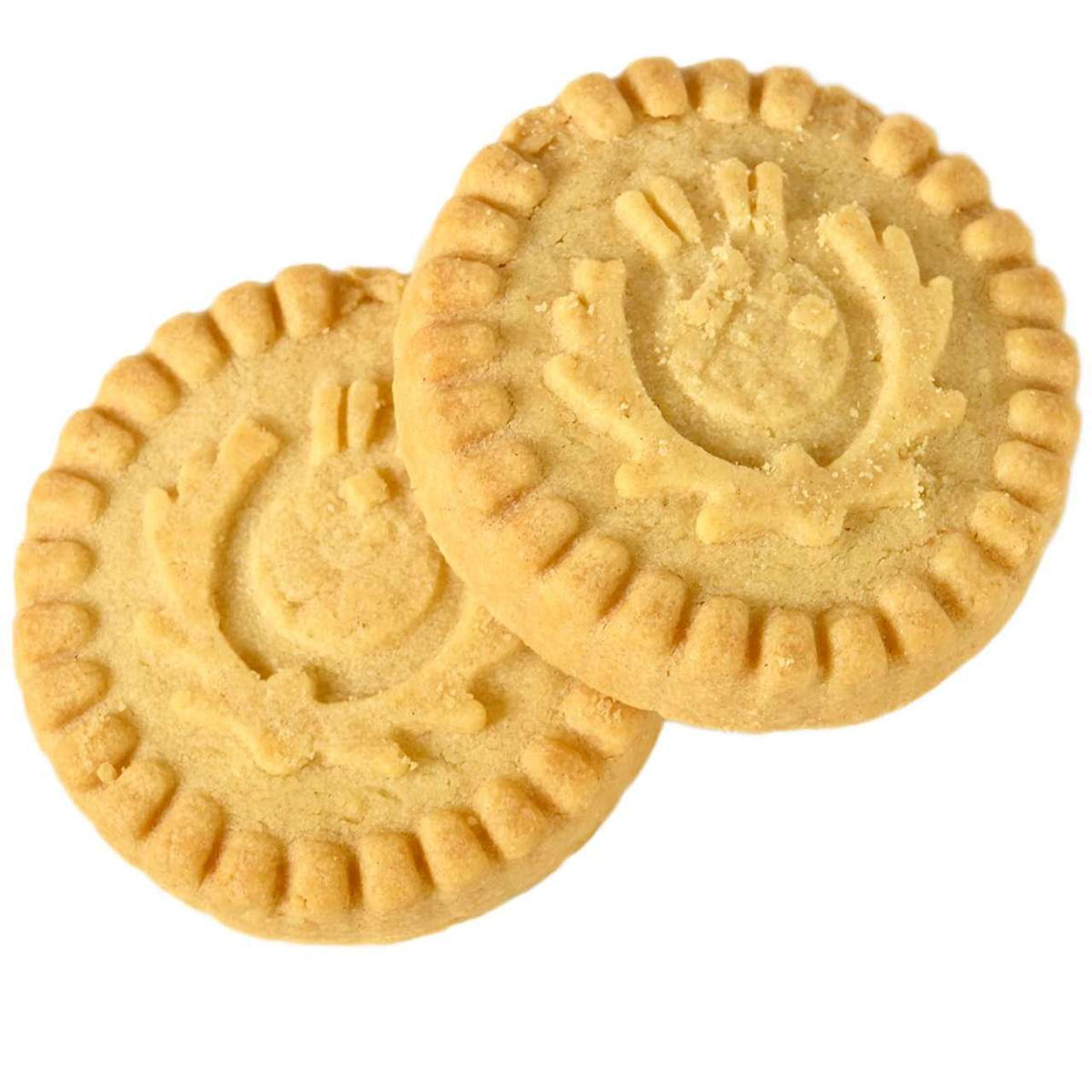 Two Walker's Shortbread round cookies with embossed designs on a white background