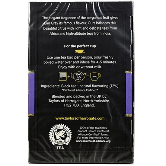 Side view of the Black tea package for Taylors of Harrogate's Early Grey with text and certification logos with box on a white background.