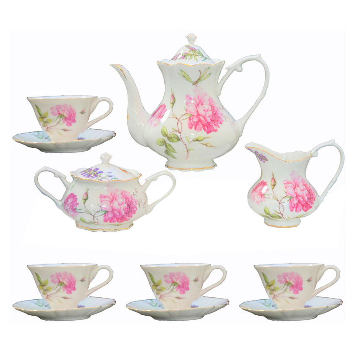 Porcelain tea set with floral design on a white background