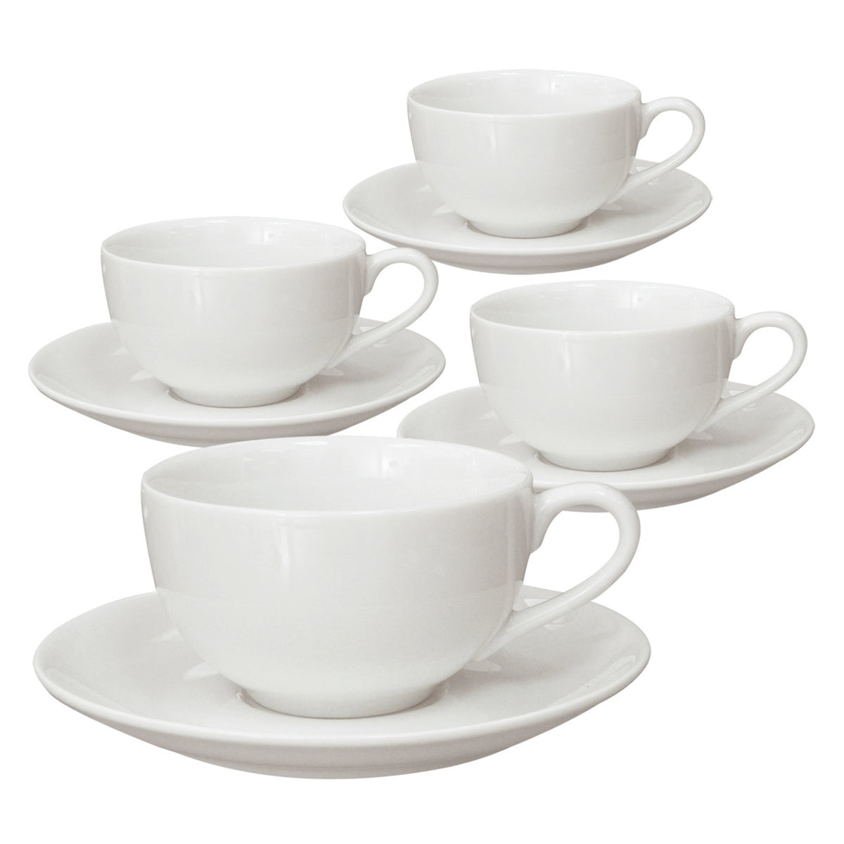 Set of white ceramic cups and saucers on a white background