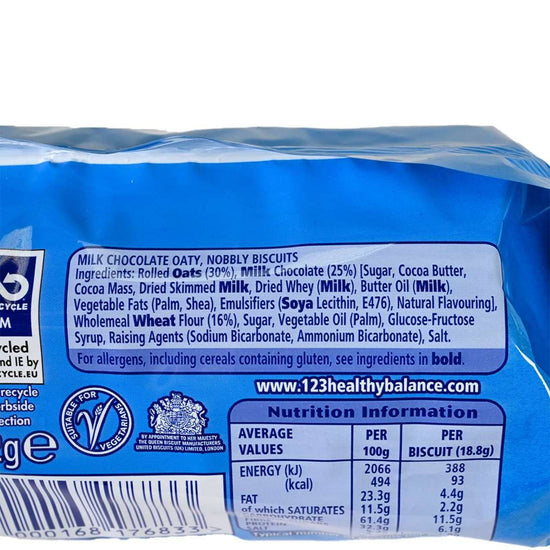 Blue package of McVitie's Milk Chocolate Hobnobs showing the nutrition information.