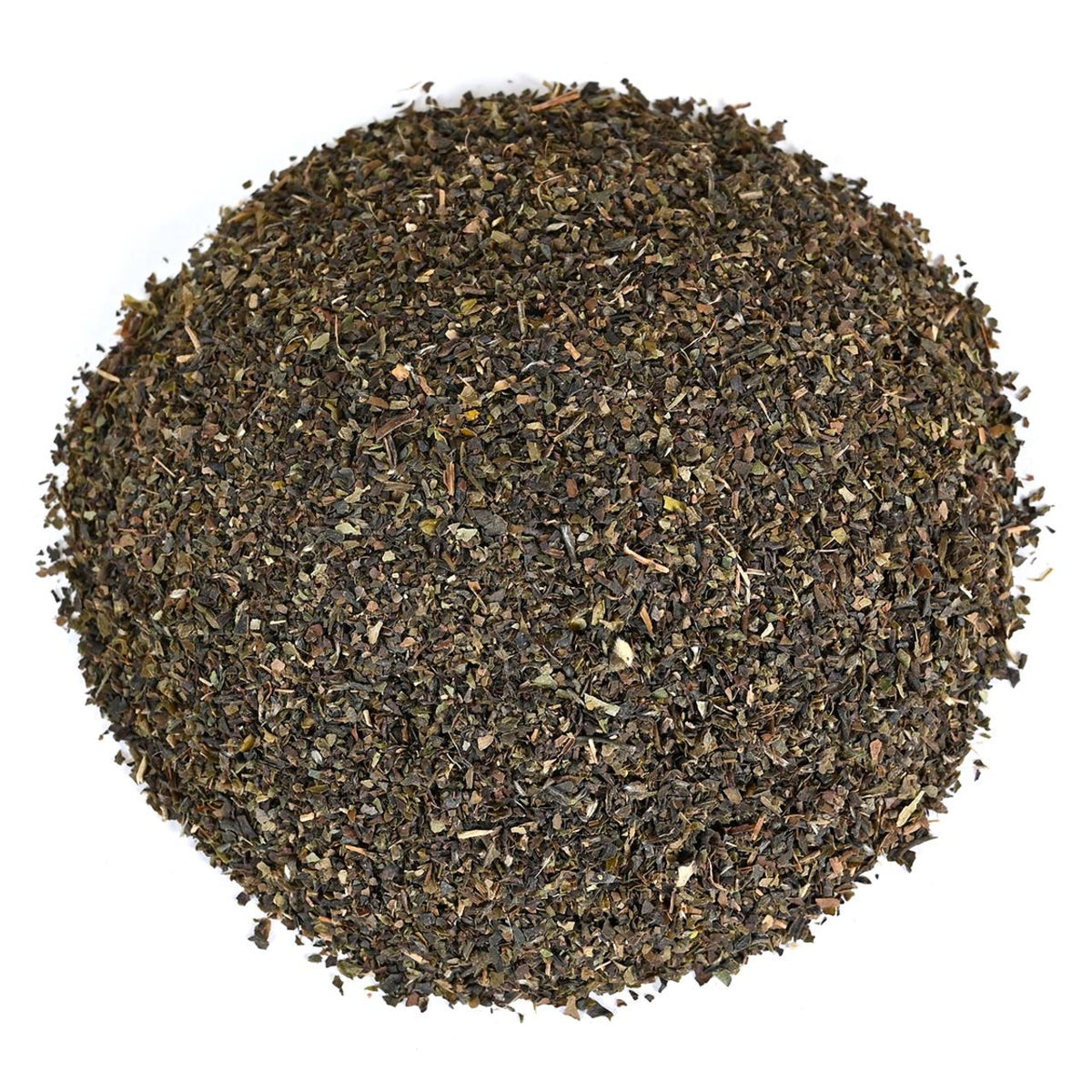 Round shape of green tea leaves on a white background