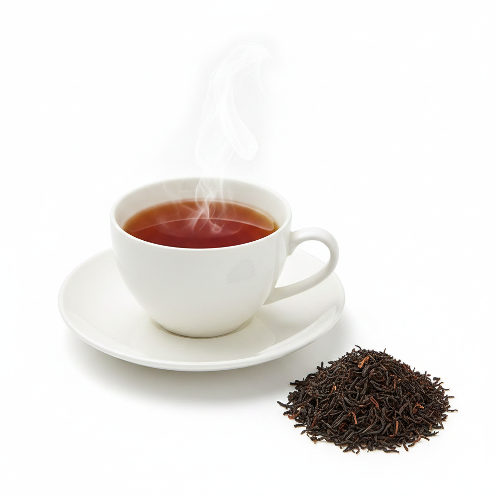 Steaming cup of tea with a saucer and a pile of black tea leaves on a white background