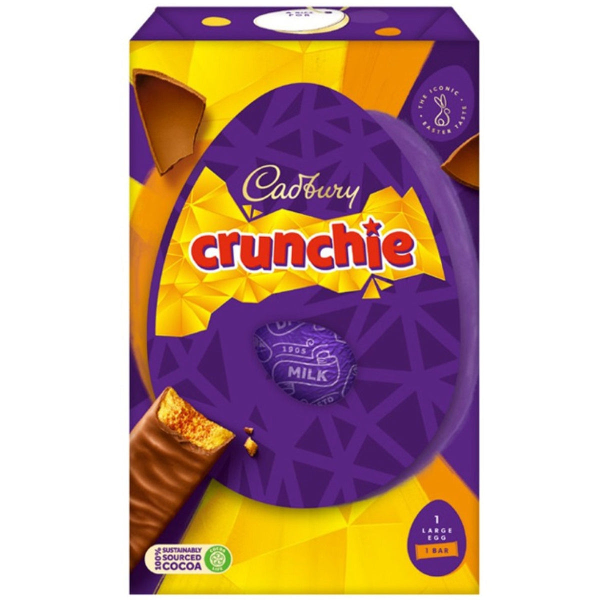 Cadbury Crunchie Easter egg packaging with purple and yellow design