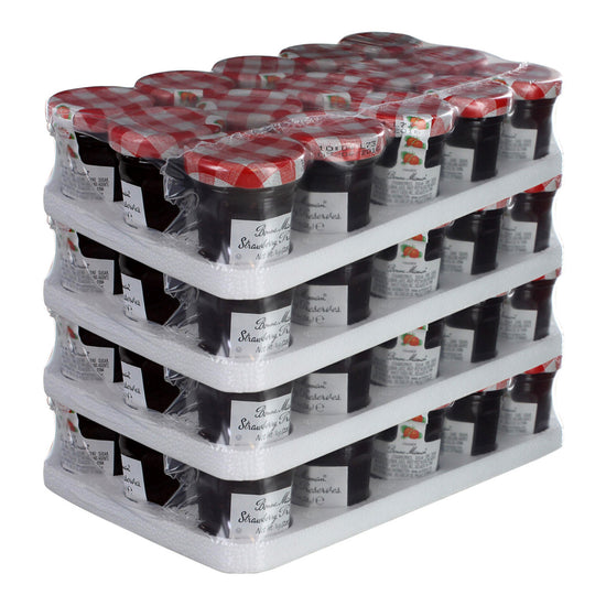 Case of 1oz jars of Bonne Maman Strawberry Preserves with a red and white checkered lid on a white background