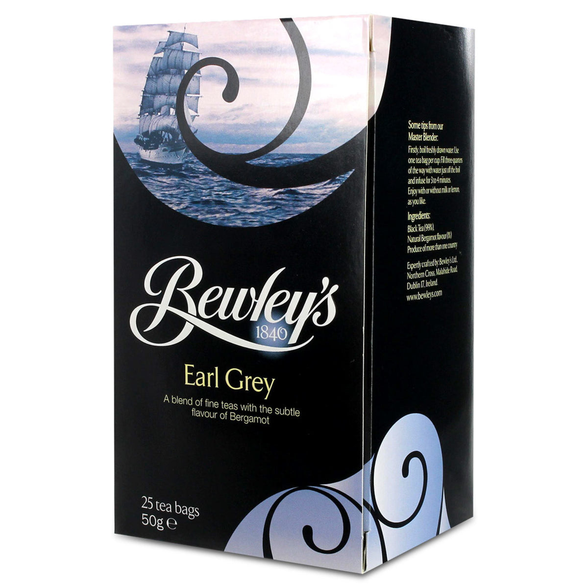 Bewley's Earl Grey tea packaging with ship illustration on a white background