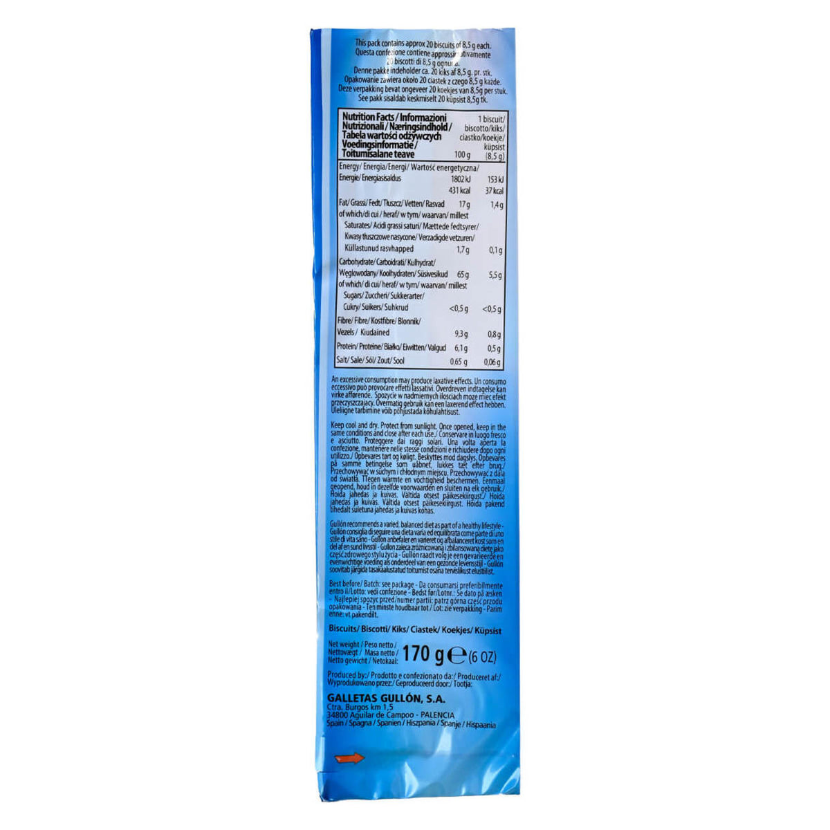 Blue package of Gullon Sugar Free Biscuits with text on a white background