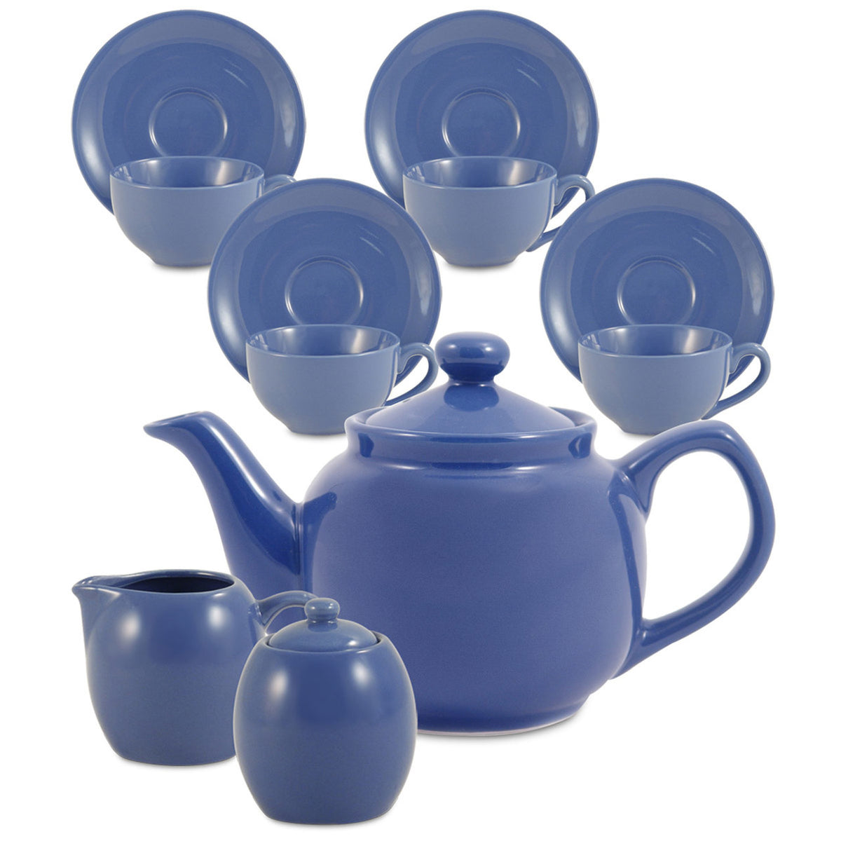 Blue ceramic teapot set with matching cups, saucers, and a milk jug on a white background