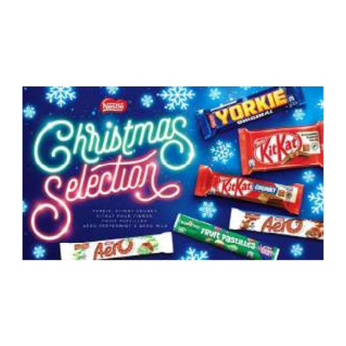 Nestle Christmas Selection box with KitKat, Yorkie, Aero, and Fruit Pastilles on a blue background with snowflakes.