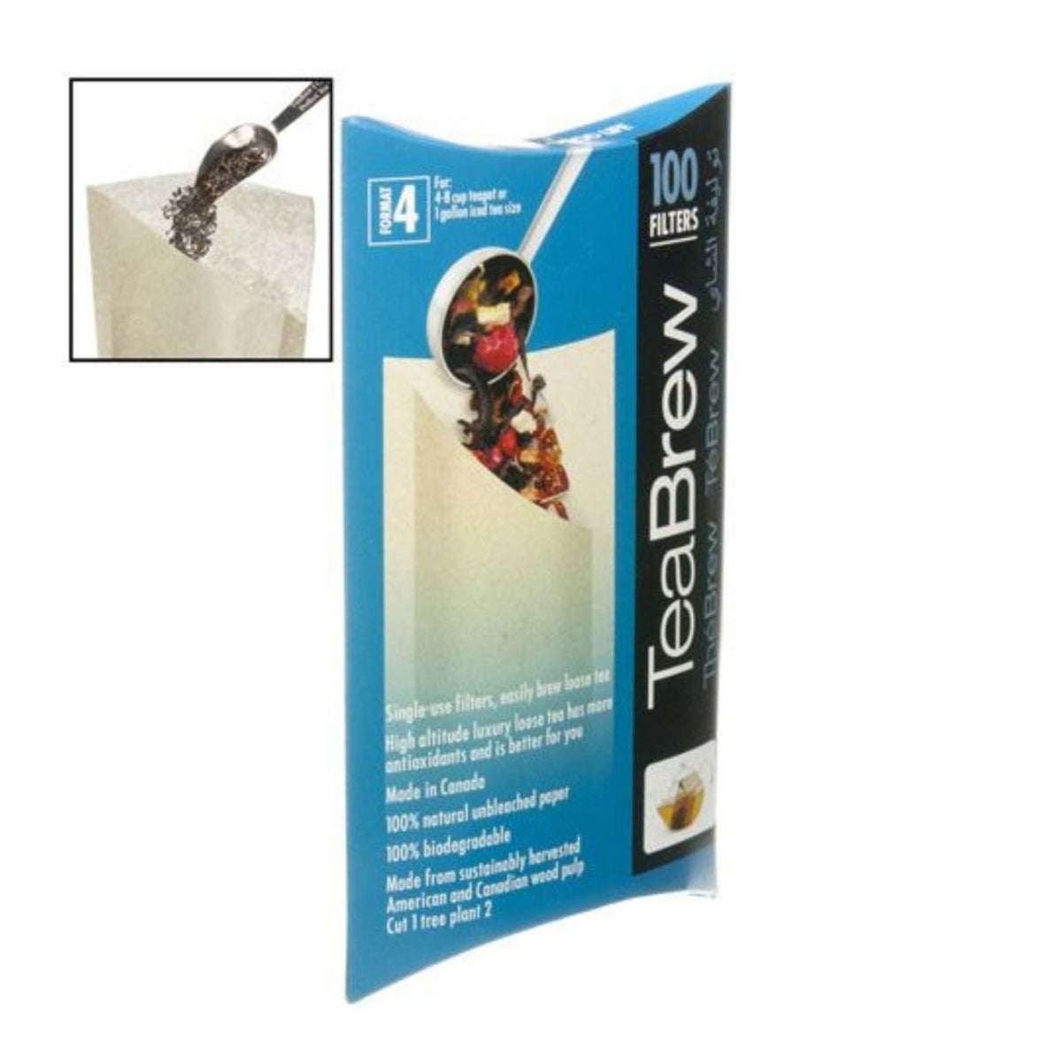 TeaBrew filter packaging with a close-up inset of a filter being used.