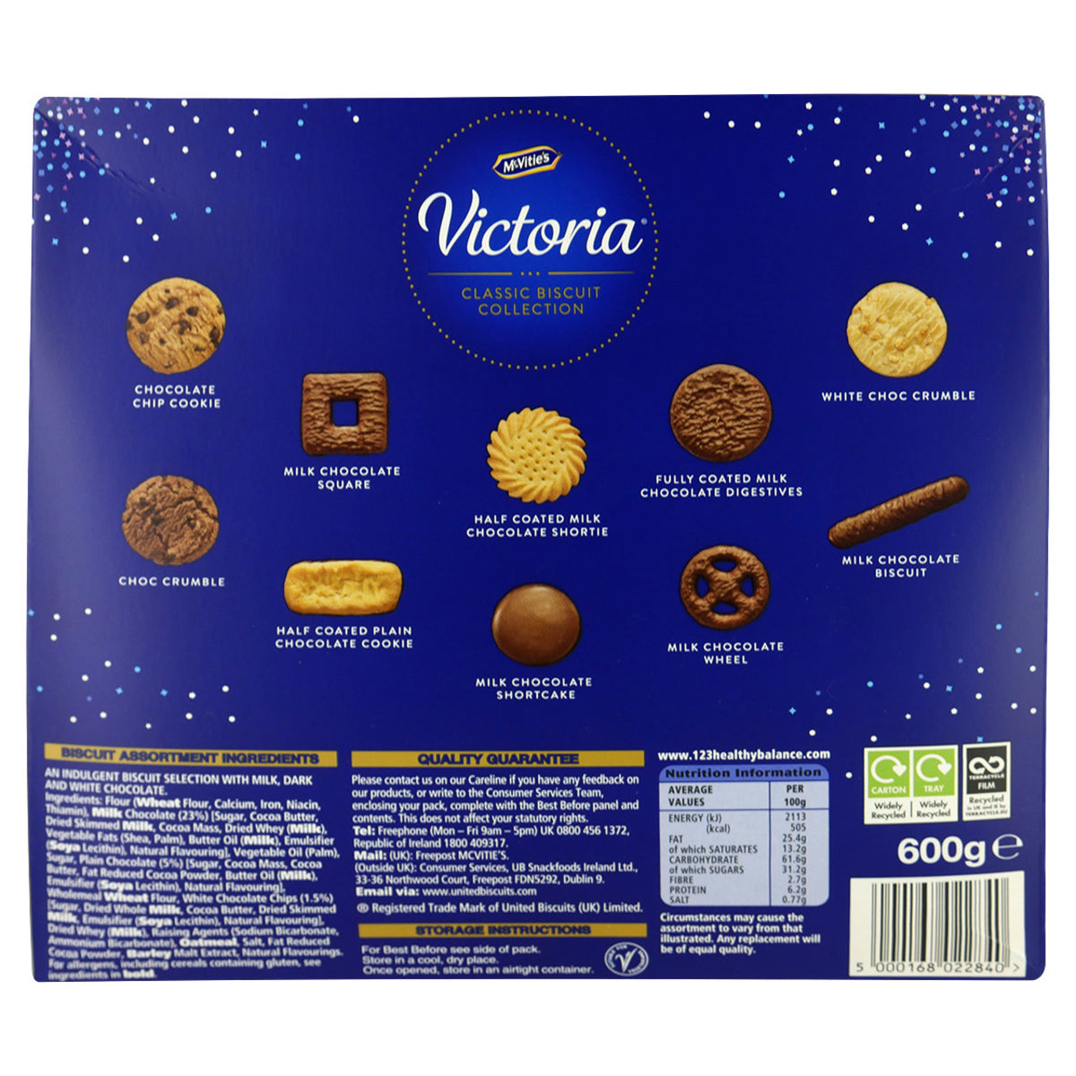 Back of a blue McVitie's Victoria Classic Biscuit Collection package featuring images of the biscuits inside along with ingredients and nutrition facts.