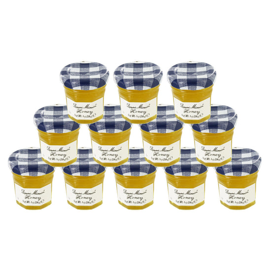 12 1oz jars of Bonne Maman Honey with a checkered lid on a white background