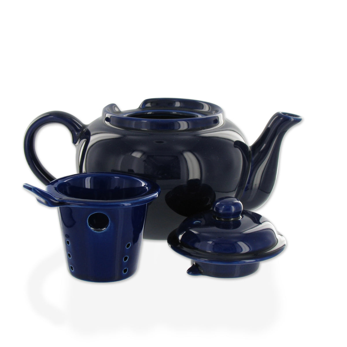 Navy blue ceramic teapot set on a white background