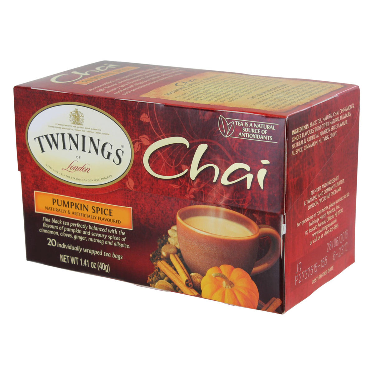 Box of Twinings Pumpkin Spice Chai tea on a white background