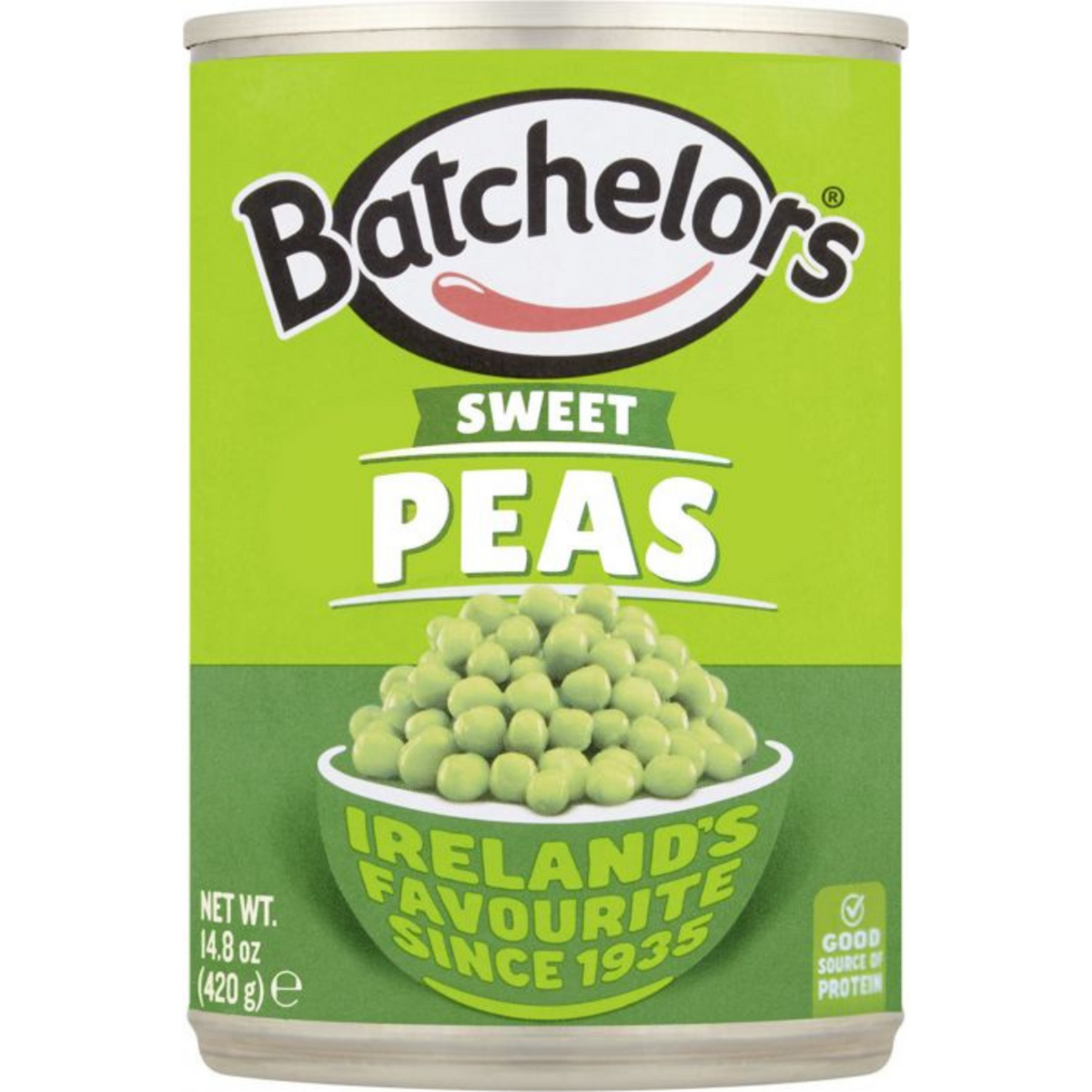 Can of Batchelors sweet peas with green label and white background