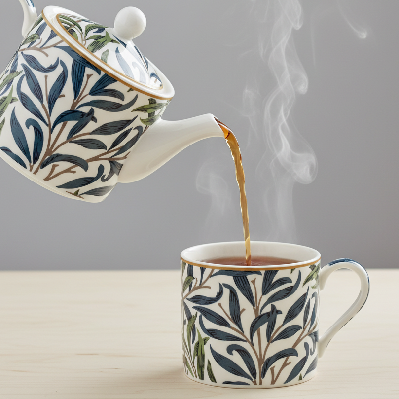 Decorative teapot pouring tea into matching mug.