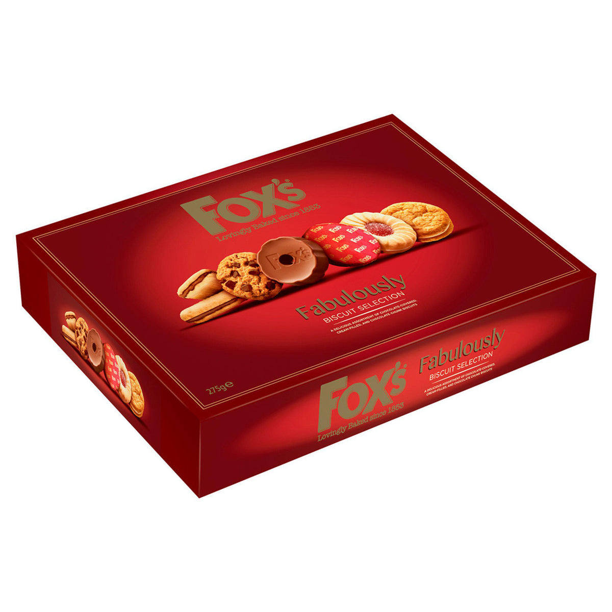 Red box of Fox's biscuits with multiple flavors on a white background