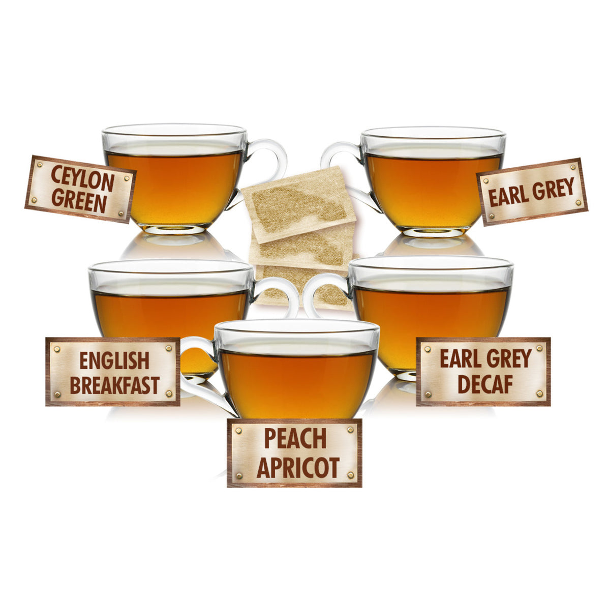 Five cups of tea with different flavors and tea bags on a white background