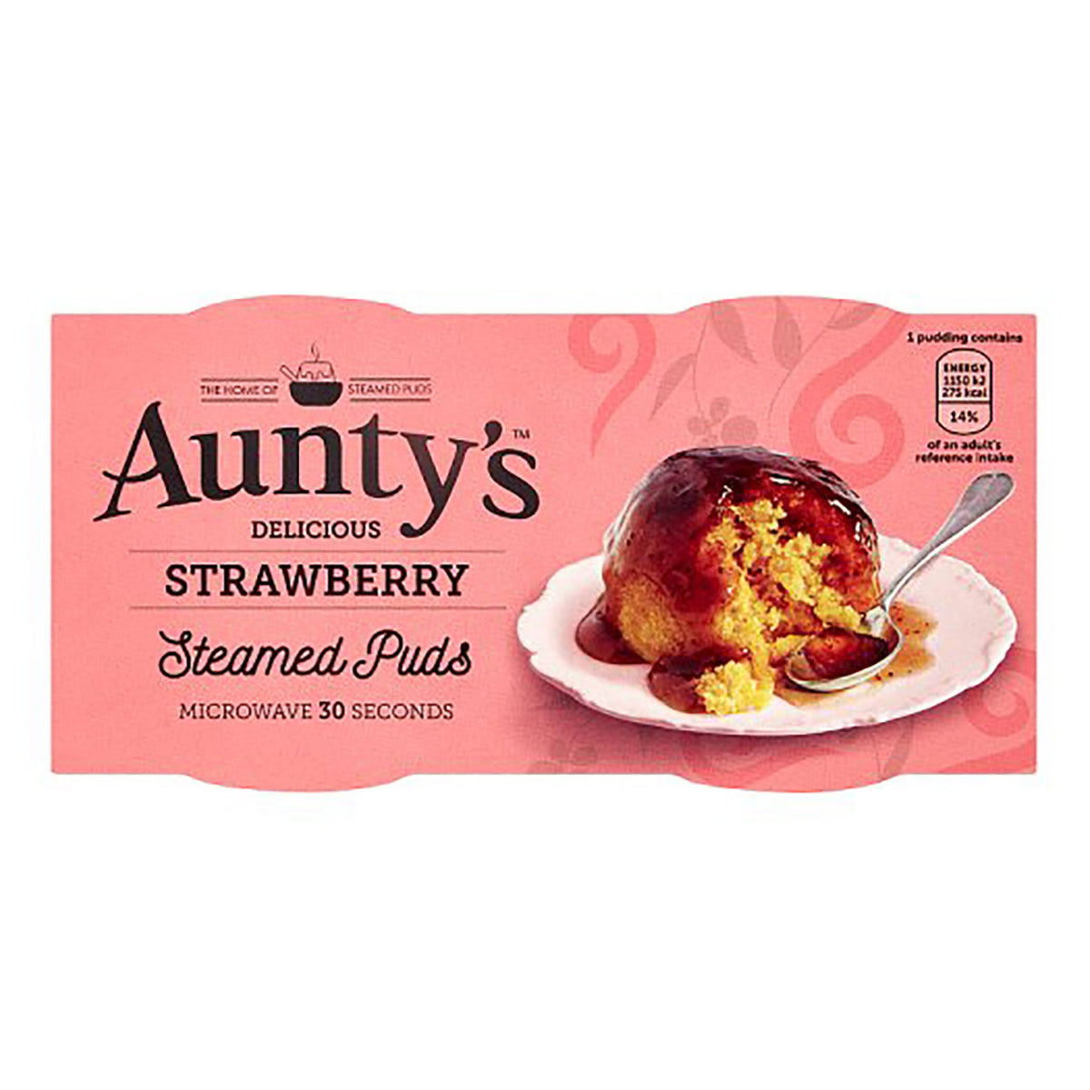 Auntys strawberry steamed pudding packaging with a pink background