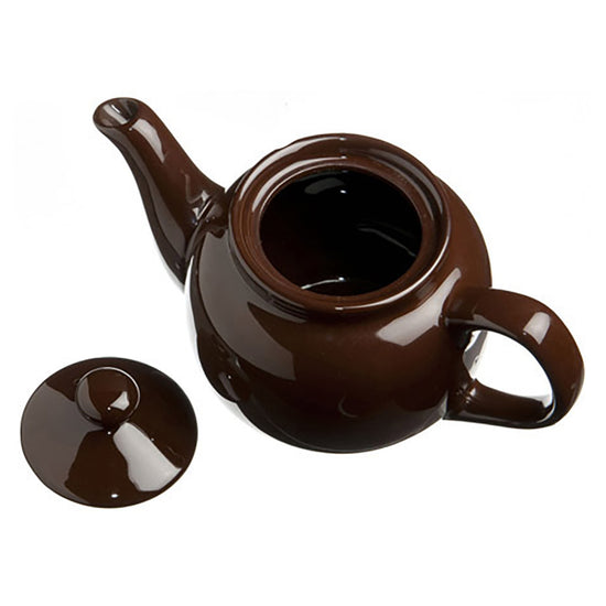 Brown ceramic teapot with lid on a white background