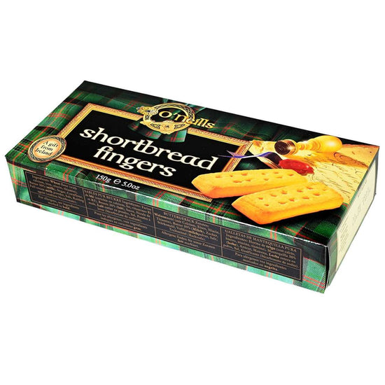 Box of O'Neill's shortbread fingers with plaid design and gold accents.