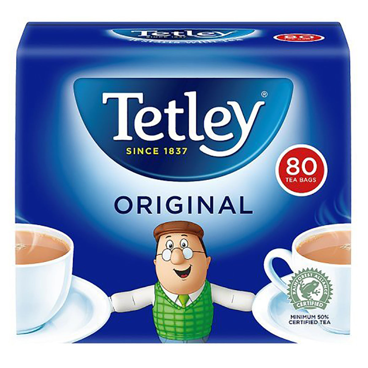 Tetley Original tea packaging with cartoon character and tea cups on a blue background