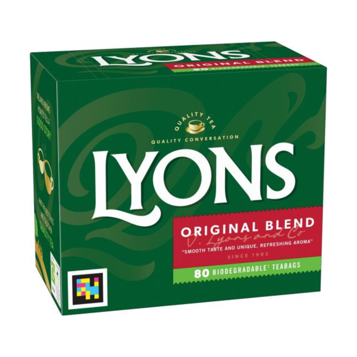 Box of Lyons Original Blend tea on a white background