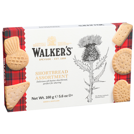 Walker's Shortbread Assortment packaging with a thistle illustration on a white background