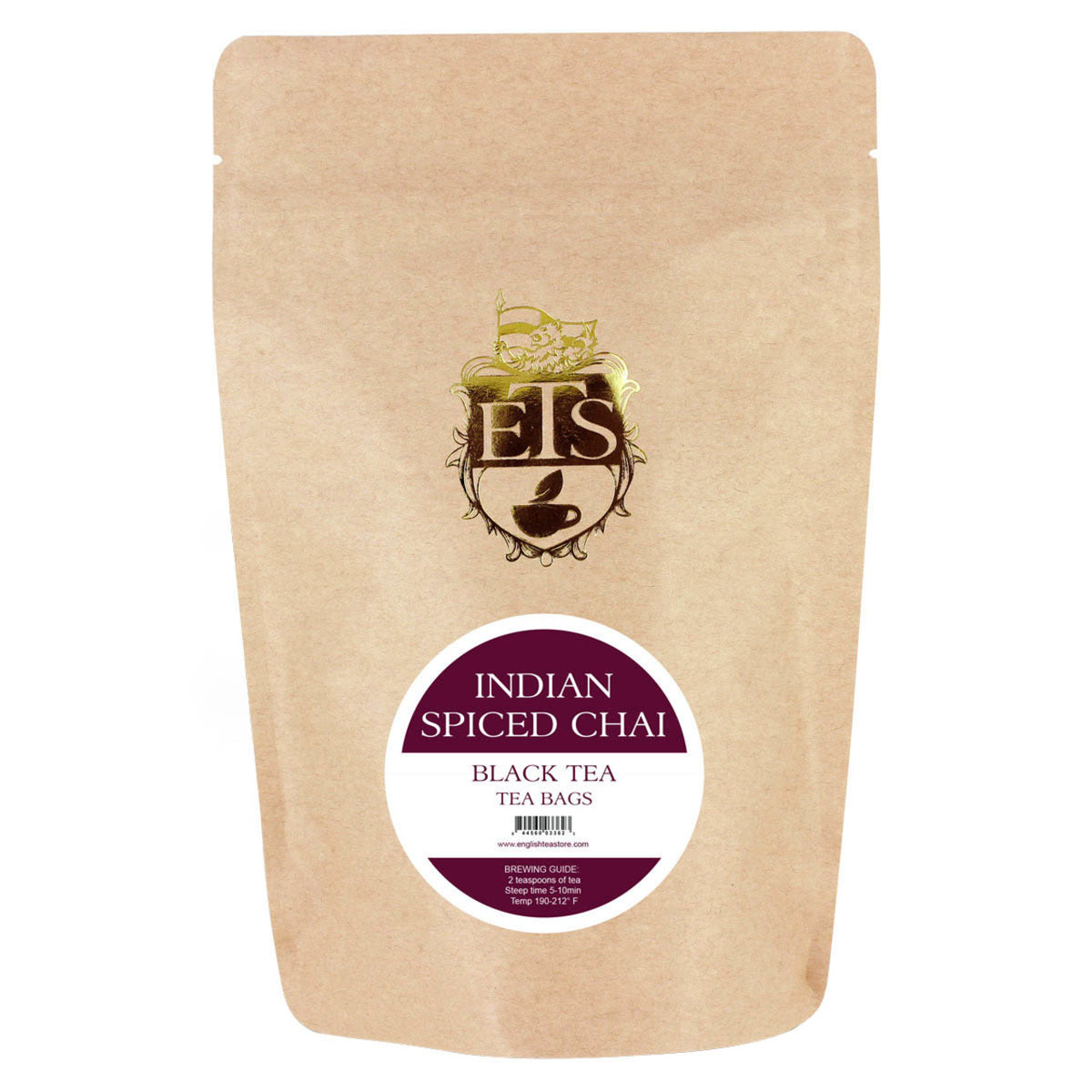 A brown paper pouch packaging for English Tea Store's Indian Spiced Chai tea bags, with branding and product name displayed.