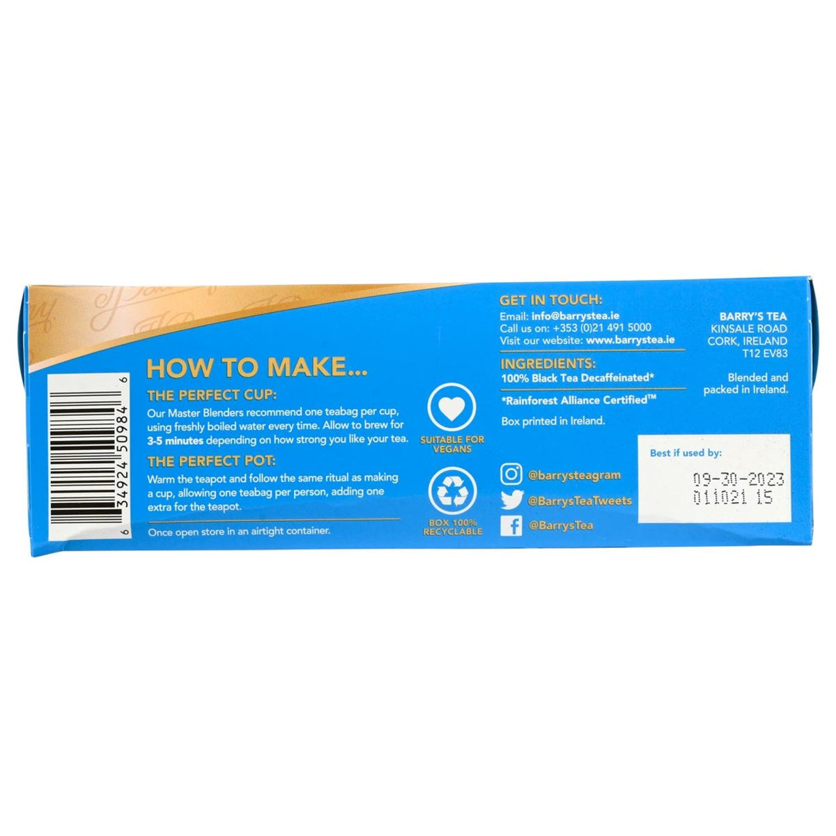 Barry's tea package with blue and brown design on a white background