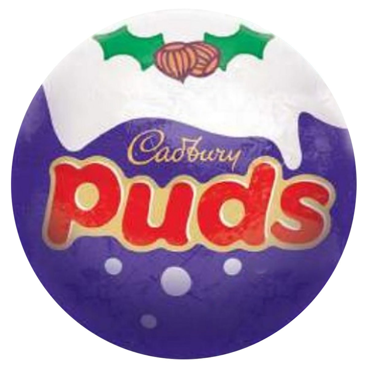 Cadbury Puds packaging with purple base, white cream, and red text on a white background