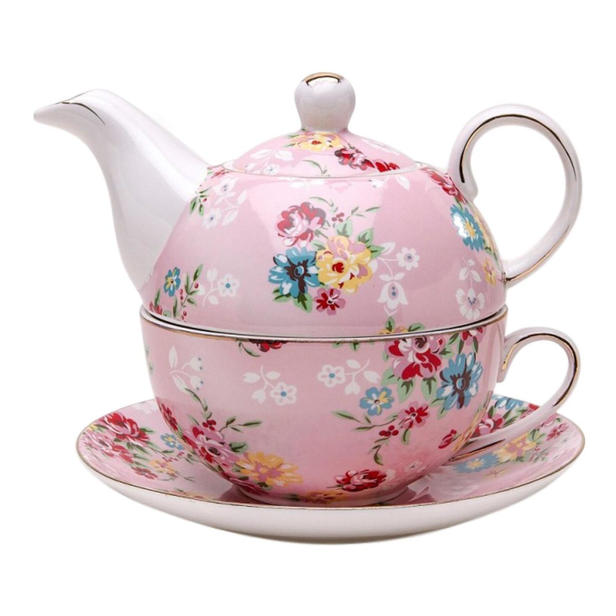 Pink floral teapot, cup, and saucer set on a white background