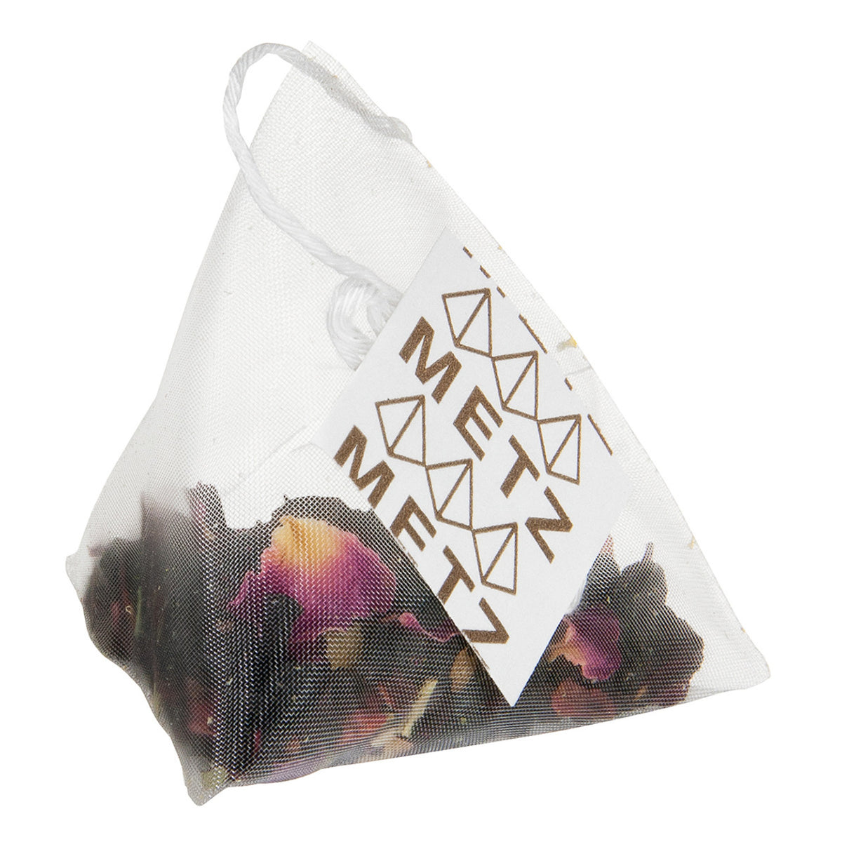 Triangle-shaped tea bag with visible tea leaves and 'METZ' branding on a white background